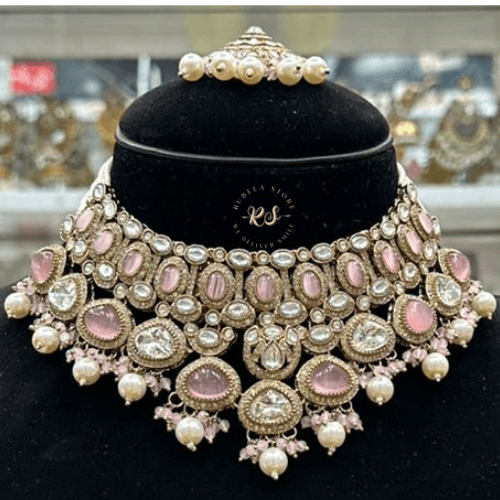 rubela store gold look jewellery best artificial jewellery (22) Real Look Golden Polki Set with Soft Pink Colour - Image 1