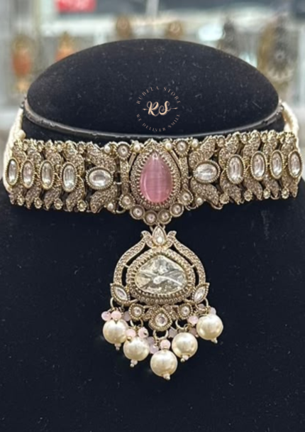 Elegant Light Pink Kundan Polki Choker Set for Women